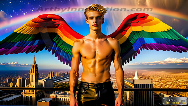 Gay Men Wearing Feathered wings, embellished with the vibrant rainbow palette inspired by the gay pride flag, offering a striking visual impact. A charismatic figure with a prominent jawline, bright white teeth, and adorned with a necklace and earrings, strikes a dynamic pose.