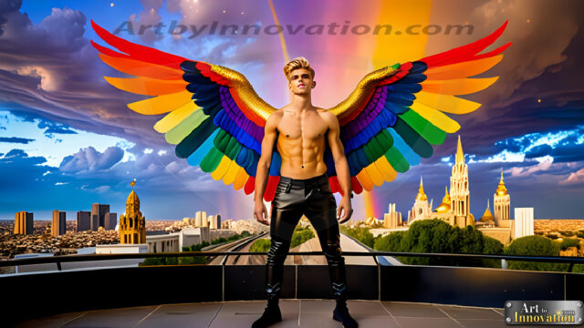 Gay Men Wearing Feathered wings, embellished with the vibrant rainbow palette inspired by the gay pride flag, offering a striking visual impact. A charismatic figure with a prominent jawline, bright white teeth, and adorned with a necklace and earrings, strikes a dynamic pose.