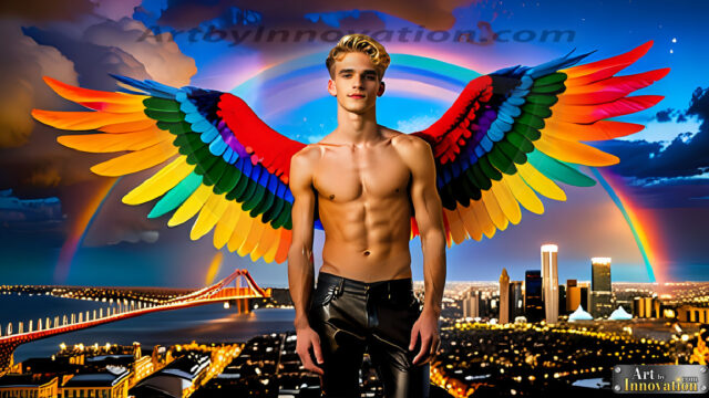 Gay Men Wearing Feathered wings, embellished with the vibrant rainbow palette inspired by the gay pride flag, offering a striking visual impact. A charismatic figure with a prominent jawline, bright white teeth, and adorned with a necklace and earrings, strikes a dynamic pose.