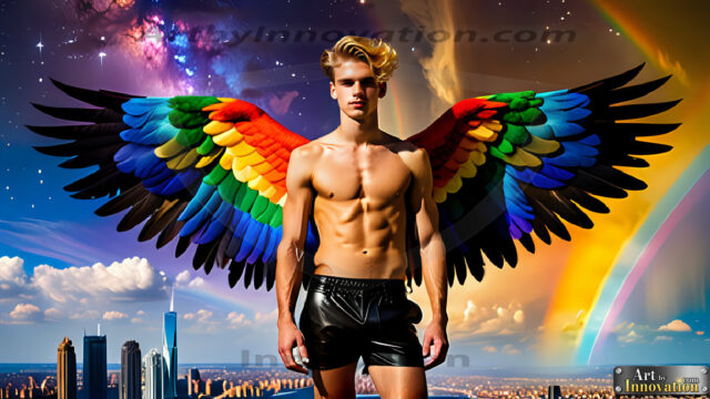 Gay Men Wearing Feathered wings, embellished with the vibrant rainbow palette inspired by the gay pride flag, offering a striking visual impact. A charismatic figure with a prominent jawline, bright white teeth, and adorned with a necklace and earrings, strikes a dynamic pose.