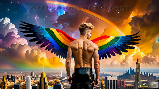 Gay Men Wearing Feathered wings, embellished with the vibrant rainbow palette inspired by the gay pride flag, offering a striking visual impact. A charismatic figure with a prominent jawline, bright white teeth, and adorned with a necklace and earrings, strikes a dynamic pose.