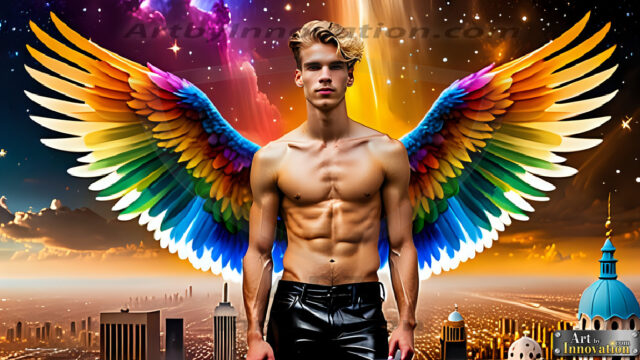 Gay Men Wearing Feathered wings, embellished with the vibrant rainbow palette inspired by the gay pride flag, offering a striking visual impact. A charismatic figure with a prominent jawline, bright white teeth, and adorned with a necklace and earrings, strikes a dynamic pose.