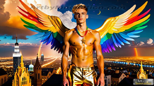 Gay Men Wearing Feathered wings, embellished with the vibrant rainbow palette inspired by the gay pride flag, offering a striking visual impact. A charismatic figure with a prominent jawline, bright white teeth, and adorned with a necklace and earrings, strikes a dynamic pose.