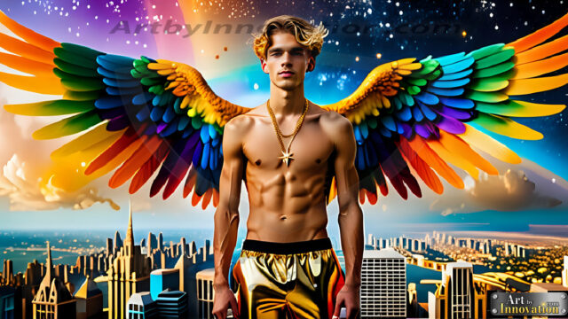 Gay Men Wearing Feathered wings, embellished with the vibrant rainbow palette inspired by the gay pride flag, offering a striking visual impact. A charismatic figure with a prominent jawline, bright white teeth, and adorned with a necklace and earrings, strikes a dynamic pose.