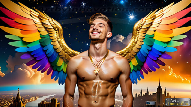 Gay Men Wearing Feathered wings, embellished with the vibrant rainbow palette inspired by the gay pride flag, offering a striking visual impact. A charismatic figure with a prominent jawline, bright white teeth, and adorned with a necklace and earrings, strikes a dynamic pose.