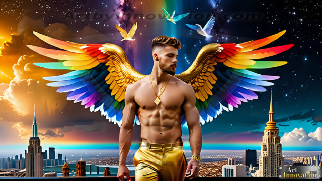 Gay Men Wearing Feathered wings, embellished with the vibrant rainbow palette inspired by the gay pride flag, offering a striking visual impact. A charismatic figure with a prominent jawline, bright white teeth, and adorned with a necklace and earrings, strikes a dynamic pose.