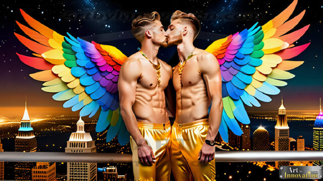 Gay Men Wearing Feathered wings, embellished with the vibrant rainbow palette inspired by the gay pride flag, offering a striking visual impact. A charismatic figure with a prominent jawline, bright white teeth, and adorned with a necklace and earrings, strikes a dynamic pose.