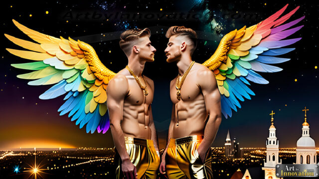 Gay Men Wearing Feathered wings, embellished with the vibrant rainbow palette inspired by the gay pride flag, offering a striking visual impact. A charismatic figure with a prominent jawline, bright white teeth, and adorned with a necklace and earrings, strikes a dynamic pose.