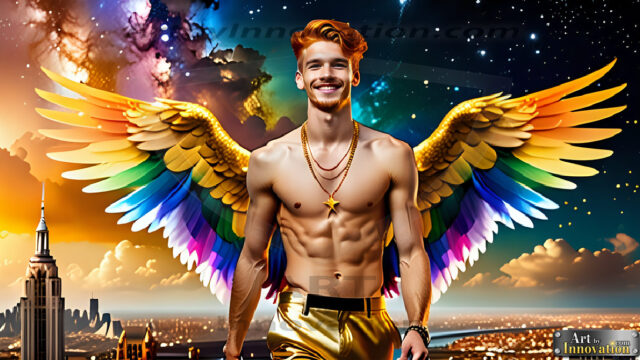 Gay Men Wearing Feathered wings, embellished with the vibrant rainbow palette inspired by the gay pride flag, offering a striking visual impact. A charismatic figure with a prominent jawline, bright white teeth, and adorned with a necklace and earrings, strikes a dynamic pose.