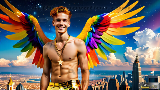 Gay Men Wearing Feathered wings, embellished with the vibrant rainbow palette inspired by the gay pride flag, offering a striking visual impact. A charismatic figure with a prominent jawline, bright white teeth, and adorned with a necklace and earrings, strikes a dynamic pose.