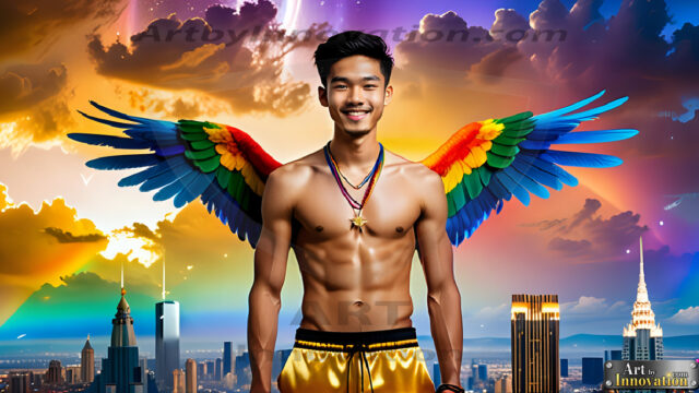 Gay Men Wearing Feathered wings, embellished with the vibrant rainbow palette inspired by the gay pride flag, offering a striking visual impact. A charismatic figure with a prominent jawline, bright white teeth, and adorned with a necklace and earrings, strikes a dynamic pose.