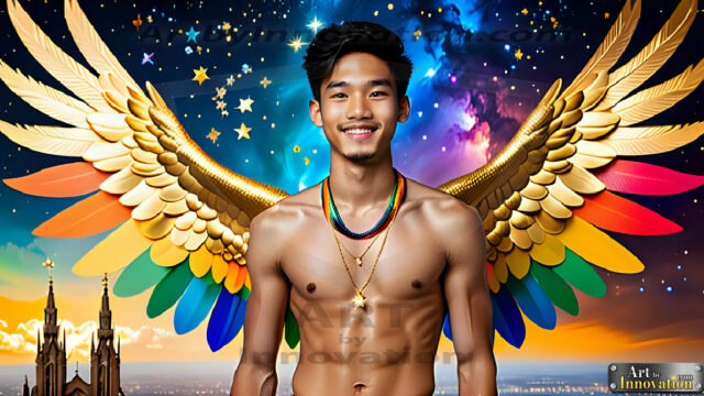 Gay Men Wearing Feathered wings, embellished with the vibrant rainbow palette inspired by the gay pride flag, offering a striking visual impact. A charismatic figure with a prominent jawline, bright white teeth, and adorned with a necklace and earrings, strikes a dynamic pose.