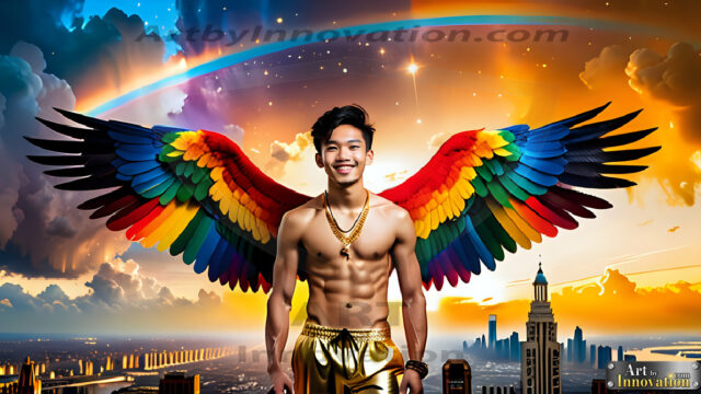 Gay Men Wearing Feathered wings, embellished with the vibrant rainbow palette inspired by the gay pride flag, offering a striking visual impact. A charismatic figure with a prominent jawline, bright white teeth, and adorned with a necklace and earrings, strikes a dynamic pose.