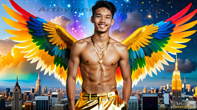 Gay Men Wearing Feathered wings, embellished with the vibrant rainbow palette inspired by the gay pride flag, offering a striking visual impact. A charismatic figure with a prominent jawline, bright white teeth, and adorned with a necklace and earrings, strikes a dynamic pose.