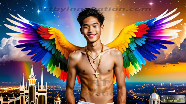 Gay Men Wearing Feathered wings, embellished with the vibrant rainbow palette inspired by the gay pride flag, offering a striking visual impact. A charismatic figure with a prominent jawline, bright white teeth, and adorned with a necklace and earrings, strikes a dynamic pose.