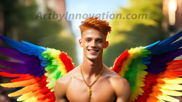 Gay Men Wearing Feathered wings, embellished with the vibrant rainbow palette inspired by the gay pride flag, offering a striking visual impact. A charismatic figure with a prominent jawline, bright white teeth, and adorned with a necklace and earrings, strikes a dynamic pose.