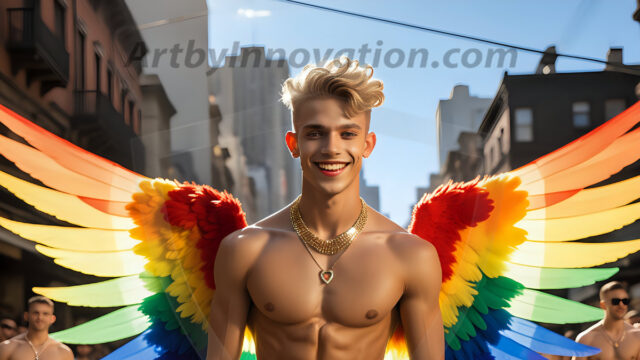 Gay Men Wearing Feathered wings, embellished with the vibrant rainbow palette inspired by the gay pride flag, offering a striking visual impact. A charismatic figure with a prominent jawline, bright white teeth, and adorned with a necklace and earrings, strikes a dynamic pose.