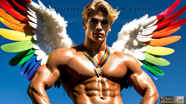 Gay Men Wearing Feathered wings, embellished with the vibrant rainbow palette inspired by the gay pride flag, offering a striking visual impact. A charismatic figure with a prominent jawline, bright white teeth, and adorned with a necklace and earrings, strikes a dynamic pose.