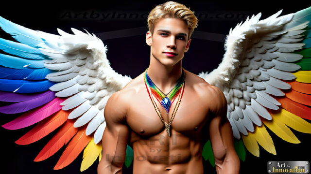 Gay Men Wearing Feathered wings, embellished with the vibrant rainbow palette inspired by the gay pride flag, offering a striking visual impact. A charismatic figure with a prominent jawline, bright white teeth, and adorned with a necklace and earrings, strikes a dynamic pose.