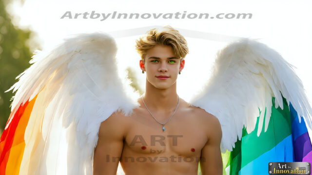 Gay Men Wearing Feathered wings, embellished with the vibrant rainbow palette inspired by the gay pride flag, offering a striking visual impact. A charismatic figure with a prominent jawline, bright white teeth, and adorned with a necklace and earrings, strikes a dynamic pose.