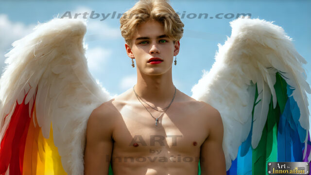 Gay Men Wearing Feathered wings, embellished with the vibrant rainbow palette inspired by the gay pride flag, offering a striking visual impact. A charismatic figure with a prominent jawline, bright white teeth, and adorned with a necklace and earrings, strikes a dynamic pose.