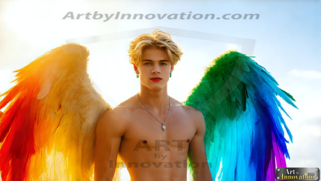 Gay Men Wearing Feathered wings, embellished with the vibrant rainbow palette inspired by the gay pride flag, offering a striking visual impact. A charismatic figure with a prominent jawline, bright white teeth, and adorned with a necklace and earrings, strikes a dynamic pose.
