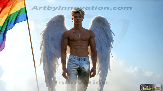 Gay Men Wearing Feathered wings, embellished with the vibrant rainbow palette inspired by the gay pride flag, offering a striking visual impact. A charismatic figure with a prominent jawline, bright white teeth, and adorned with a necklace and earrings, strikes a dynamic pose.