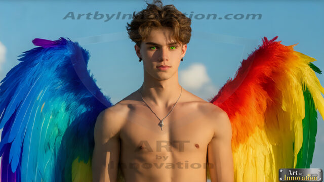 Gay Men Wearing Feathered wings, embellished with the vibrant rainbow palette inspired by the gay pride flag, offering a striking visual impact. A charismatic figure with a prominent jawline, bright white teeth, and adorned with a necklace and earrings, strikes a dynamic pose.