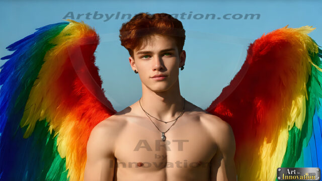 Gay Men Wearing Feathered wings, embellished with the vibrant rainbow palette inspired by the gay pride flag, offering a striking visual impact. A charismatic figure with a prominent jawline, bright white teeth, and adorned with a necklace and earrings, strikes a dynamic pose.