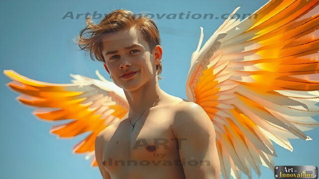 Gay Men Wearing Feathered wings, embellished with the vibrant rainbow palette inspired by the gay pride flag, offering a striking visual impact. A charismatic figure with a prominent jawline, bright white teeth, and adorned with a necklace and earrings, strikes a dynamic pose.