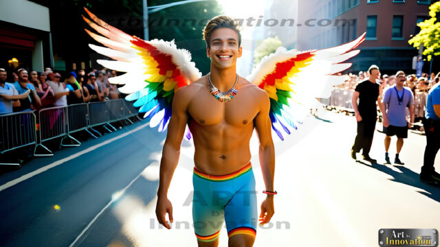 Gay Men Wearing Feathered wings, embellished with the vibrant rainbow palette inspired by the gay pride flag, offering a striking visual impact. A charismatic figure with a prominent jawline, bright white teeth, and adorned with a necklace and earrings, strikes a dynamic pose.