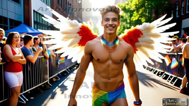 Gay Men Wearing Feathered wings, embellished with the vibrant rainbow palette inspired by the gay pride flag, offering a striking visual impact. A charismatic figure with a prominent jawline, bright white teeth, and adorned with a necklace and earrings, strikes a dynamic pose.