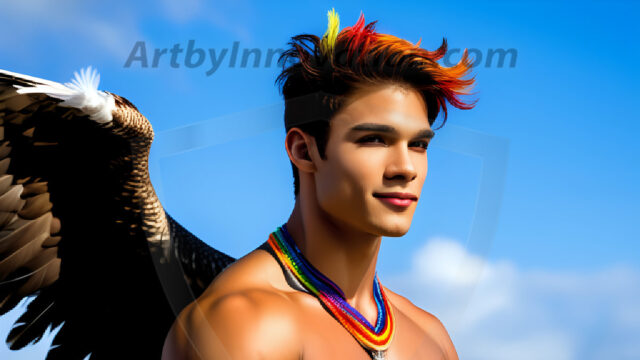 Gay Men Wearing Feathered wings, embellished with the vibrant rainbow palette inspired by the gay pride flag, offering a striking visual impact. A charismatic figure with a prominent jawline, bright white teeth, and adorned with a necklace and earrings, strikes a dynamic pose.
