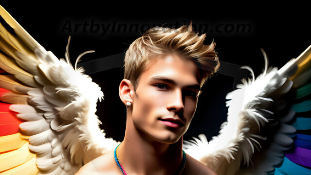 Gay Men Wearing Feathered wings, embellished with the vibrant rainbow palette inspired by the gay pride flag, offering a striking visual impact. A charismatic figure with a prominent jawline, bright white teeth, and adorned with a necklace and earrings, strikes a dynamic pose.