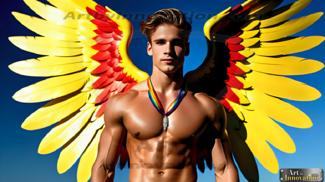 Gay Men Wearing Feathered wings, embellished with the vibrant rainbow palette inspired by the gay pride flag, offering a striking visual impact. A charismatic figure with a prominent jawline, bright white teeth, and adorned with a necklace and earrings, strikes a dynamic pose.