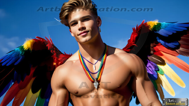 Gay Men Wearing Feathered wings, embellished with the vibrant rainbow palette inspired by the gay pride flag, offering a striking visual impact. A charismatic figure with a prominent jawline, bright white teeth, and adorned with a necklace and earrings, strikes a dynamic pose.