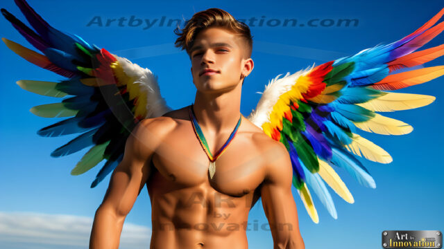 Gay Men Wearing Feathered wings, embellished with the vibrant rainbow palette inspired by the gay pride flag, offering a striking visual impact. A charismatic figure with a prominent jawline, bright white teeth, and adorned with a necklace and earrings, strikes a dynamic pose.