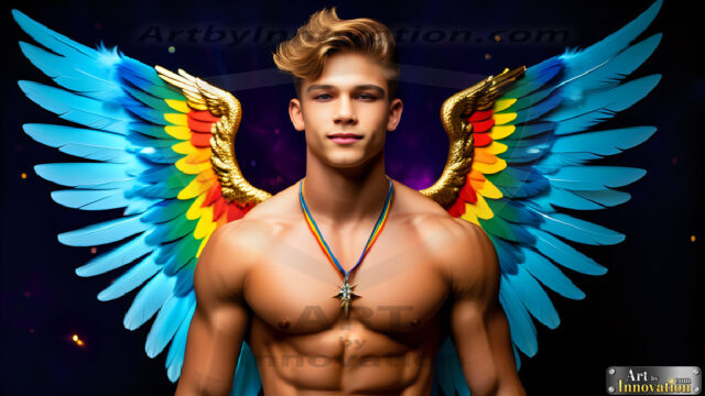 Gay Men Wearing Feathered wings, embellished with the vibrant rainbow palette inspired by the gay pride flag, offering a striking visual impact. A charismatic figure with a prominent jawline, bright white teeth, and adorned with a necklace and earrings, strikes a dynamic pose.