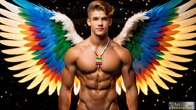 Gay Men Wearing Feathered wings, embellished with the vibrant rainbow palette inspired by the gay pride flag, offering a striking visual impact. A charismatic figure with a prominent jawline, bright white teeth, and adorned with a necklace and earrings, strikes a dynamic pose.