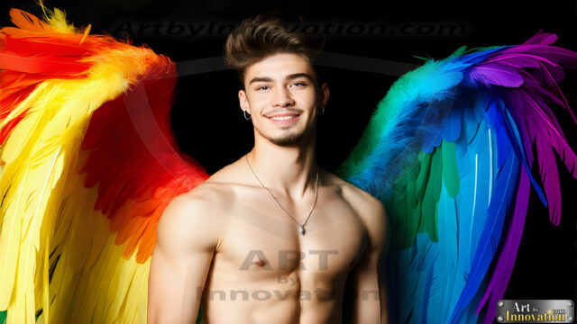 Gay Men Wearing Feathered wings, embellished with the vibrant rainbow palette inspired by the gay pride flag, offering a striking visual impact. A charismatic figure with a prominent jawline, bright white teeth, and adorned with a necklace and earrings, strikes a dynamic pose.