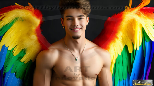 Gay Men Wearing Feathered wings, embellished with the vibrant rainbow palette inspired by the gay pride flag, offering a striking visual impact. A charismatic figure with a prominent jawline, bright white teeth, and adorned with a necklace and earrings, strikes a dynamic pose.