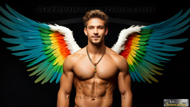 Gay Men Wearing Feathered wings, embellished with the vibrant rainbow palette inspired by the gay pride flag, offering a striking visual impact. A charismatic figure with a prominent jawline, bright white teeth, and adorned with a necklace and earrings, strikes a dynamic pose.