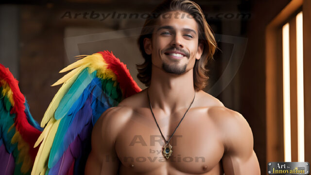Gay Men Wearing Feathered wings, embellished with the vibrant rainbow palette inspired by the gay pride flag, offering a striking visual impact. A charismatic figure with a prominent jawline, bright white teeth, and adorned with a necklace and earrings, strikes a dynamic pose.