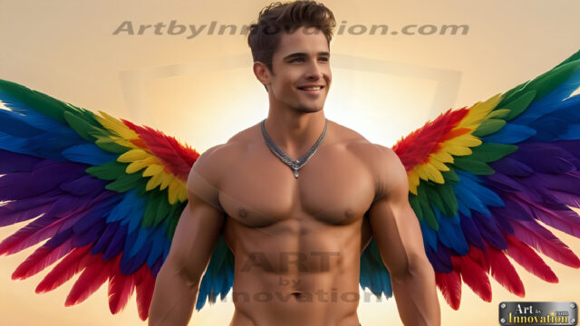 Gay Men Wearing Feathered wings, embellished with the vibrant rainbow palette inspired by the gay pride flag, offering a striking visual impact. A charismatic figure with a prominent jawline, bright white teeth, and adorned with a necklace and earrings, strikes a dynamic pose.