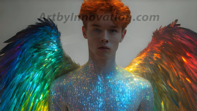 Gay Men Wearing Feathered wings, embellished with the vibrant rainbow palette inspired by the gay pride flag, offering a striking visual impact. A charismatic figure with a prominent jawline, bright white teeth, and adorned with a necklace and earrings, strikes a dynamic pose.
