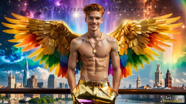 Gay Men Wearing Feathered wings, embellished with the vibrant rainbow palette inspired by the gay pride flag, offering a striking visual impact. A charismatic figure with a prominent jawline, bright white teeth, and adorned with a necklace and earrings, strikes a dynamic pose.