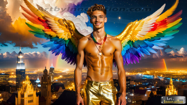 Gay Men Wearing Feathered wings, embellished with the vibrant rainbow palette inspired by the gay pride flag, offering a striking visual impact. A charismatic figure with a prominent jawline, bright white teeth, and adorned with a necklace and earrings, strikes a dynamic pose.