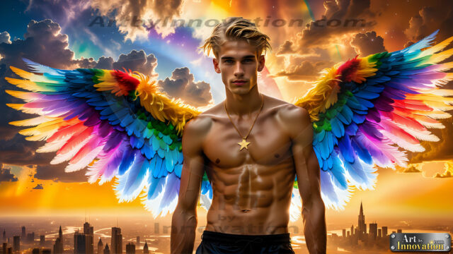 Gay Men Wearing Feathered wings, embellished with the vibrant rainbow palette inspired by the gay pride flag, offering a striking visual impact. A charismatic figure with a prominent jawline, bright white teeth, and adorned with a necklace and earrings, strikes a dynamic pose.