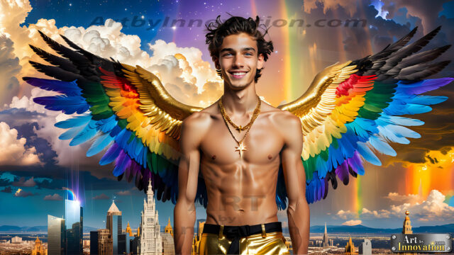 Gay Men Wearing Feathered wings, embellished with the vibrant rainbow palette inspired by the gay pride flag, offering a striking visual impact. A charismatic figure with a prominent jawline, bright white teeth, and adorned with a necklace and earrings, strikes a dynamic pose.
