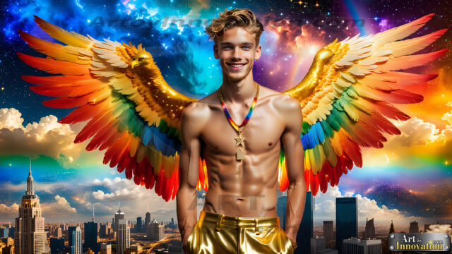 Gay Men Wearing Feathered wings, embellished with the vibrant rainbow palette inspired by the gay pride flag, offering a striking visual impact. A charismatic figure with a prominent jawline, bright white teeth, and adorned with a necklace and earrings, strikes a dynamic pose.